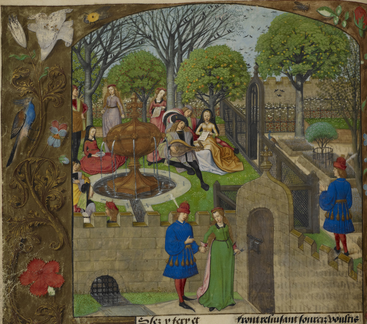 An image of The Lover and Dame Oyseuse outside a walled garden - Roman de la Rose (c.1490-1500)